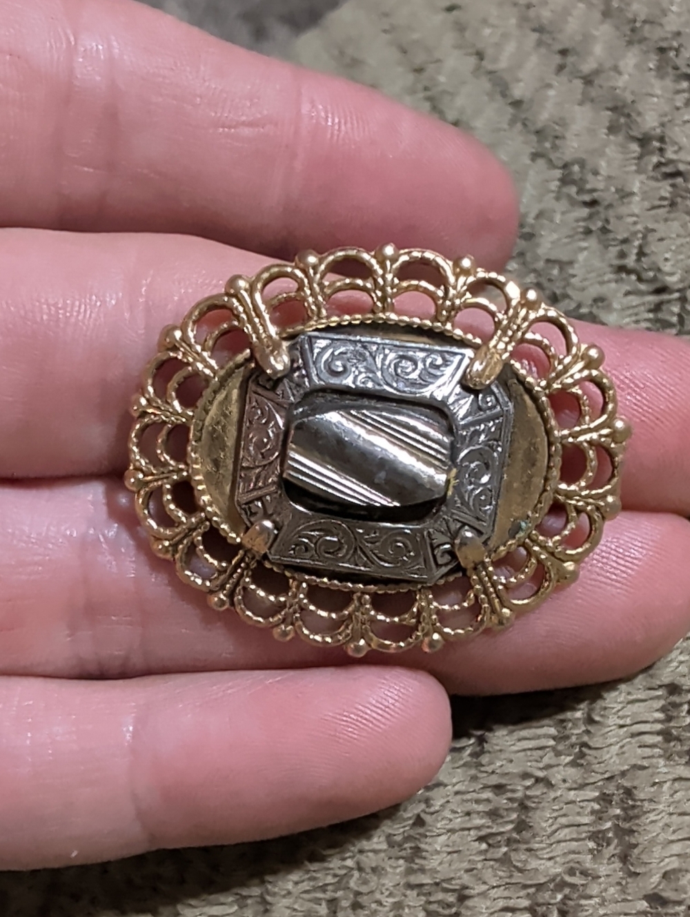 Unique Freirich Gold and Silver Tone Filigree Vintage Brooch